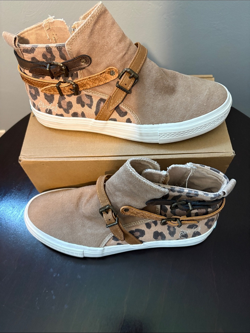 Women’s Tan Canvas High-Top Sneakers with Buckle Strap - Picture 2 of 4